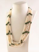 MULTI-STRAND FRESHWATER PEARL NECKLACE with 14K gold clasp and with gold and malachite bead spacers