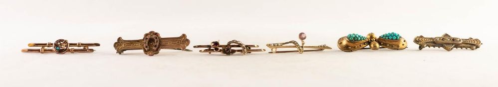 TWO GOLD (unmarked) SAFETYPIN BROOCHES, one set with seed pearls; ANOTHER UNMARKED GOLD BROOCH set