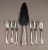 GEORGE VI SET OF SIX SILVER CAKE FORKS, Sheffield 1947, 3.2oz, together with a CAKE SLICE WITH