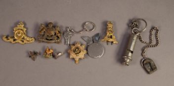 MANCHESTER COAT OF ARMS CAP BADGE, THREE VARIOUS MILITARY CAP BADGES, a tiny OLDHAM GRAMMAR