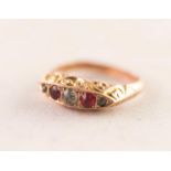 EDWARDIAN 9ct GOLD RED AND WHITE PASTE SET RING, lozenge shaped with scrolled head and shoulders,