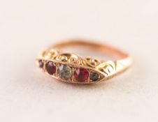 EDWARDIAN 9ct GOLD RED AND WHITE PASTE SET RING, lozenge shaped with scrolled head and shoulders,