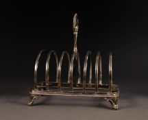 MID VICTORIAN SILVER SEVEN DIVISION TOAST RACK, with scrolliated and beaded ring handle, with beaded