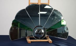 ART DECO FAN SHAPED FRAMELESS BEVELLED GLASS WALL MIRROR, having six clear and two smaller green