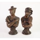 PAIR OF BRONZED WHIUTE METAL BUSTS OF A LATE 19th CENTURY MAN AND WOMAN in bathing costumes, he