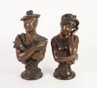PAIR OF BRONZED WHIUTE METAL BUSTS OF A LATE 19th CENTURY MAN AND WOMAN in bathing costumes, he
