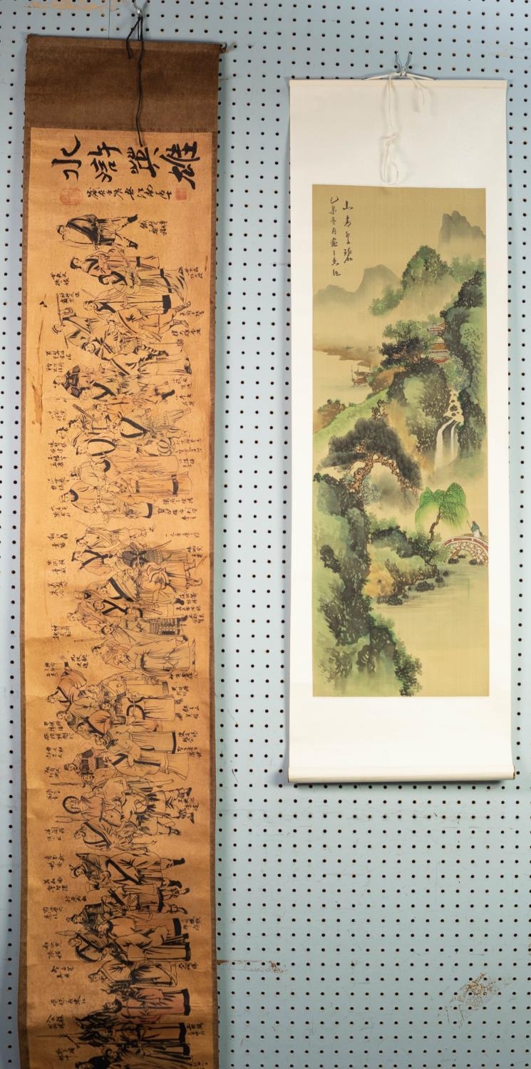 SIX CHINESE SMALL SCROLL PAINTINGS, mountainous river landscapes, figures at leisure, birds and - Image 2 of 5