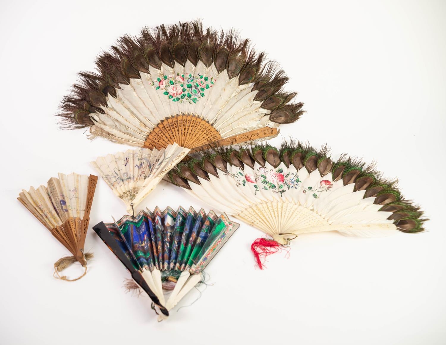 COLLECTION OF FIVE ORIENTAL FANS, comprising: a GOUACHE PAINTED EXAMPLE, decorated to one side