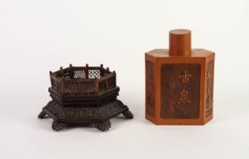 WELL CARVED AND PIERCED CHINESE HARDWOOD STAND, of hexagonal form with panelled gallery, above