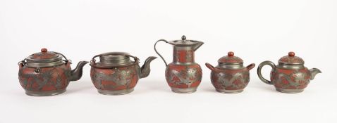 MATCHED CHINESE REPUBLIC PERIOD YI HSING (KIANGSU PROVINCE) RED STONEWARE FIVE PIECE TEA SERVICE,