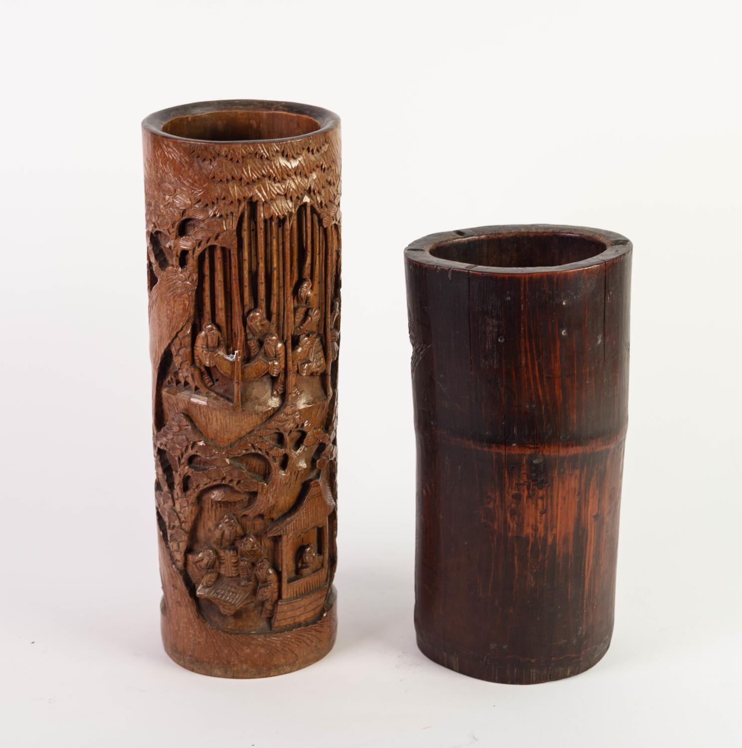 TWO CHINESE SIMILARLY CARVED BAMBOO BITONGS OR BRUSH POTS, each of typical form, decorated with - Image 3 of 4