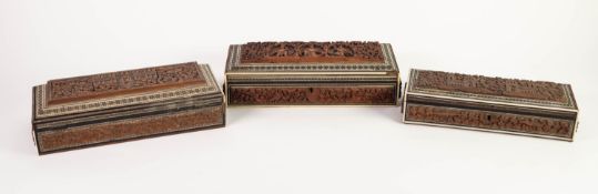 THREE EARLY TWENTIETH CENTURY ANGLO INDIAN VIZAGAPATAM CARVED SANDALWOOD BOXES WITH MICRO MOSAIC