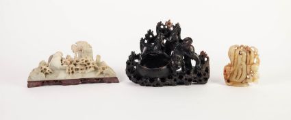 THREE PIECES OF CHINESE CARVED SOAPSTONE, comprising: RECEIVER GROUP, modelled with animals, 5 ½?