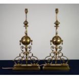 F. BARBEDIENNE, CHENET PATTERN GILT BRASS TABLE LAMPS, each with central engraved sphere with two