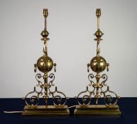 F. BARBEDIENNE, CHENET PATTERN GILT BRASS TABLE LAMPS, each with central engraved sphere with two