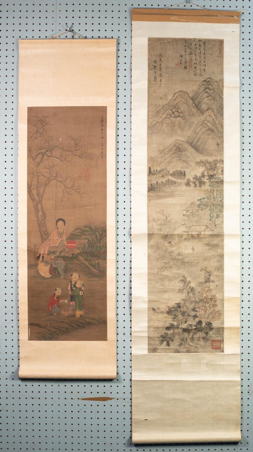 SIX CHINESE SMALL SCROLL PAINTINGS, mountainous river landscapes, figures at leisure, birds and