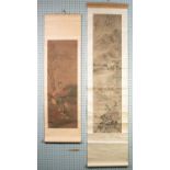 SIX CHINESE SMALL SCROLL PAINTINGS, mountainous river landscapes, figures at leisure, birds and