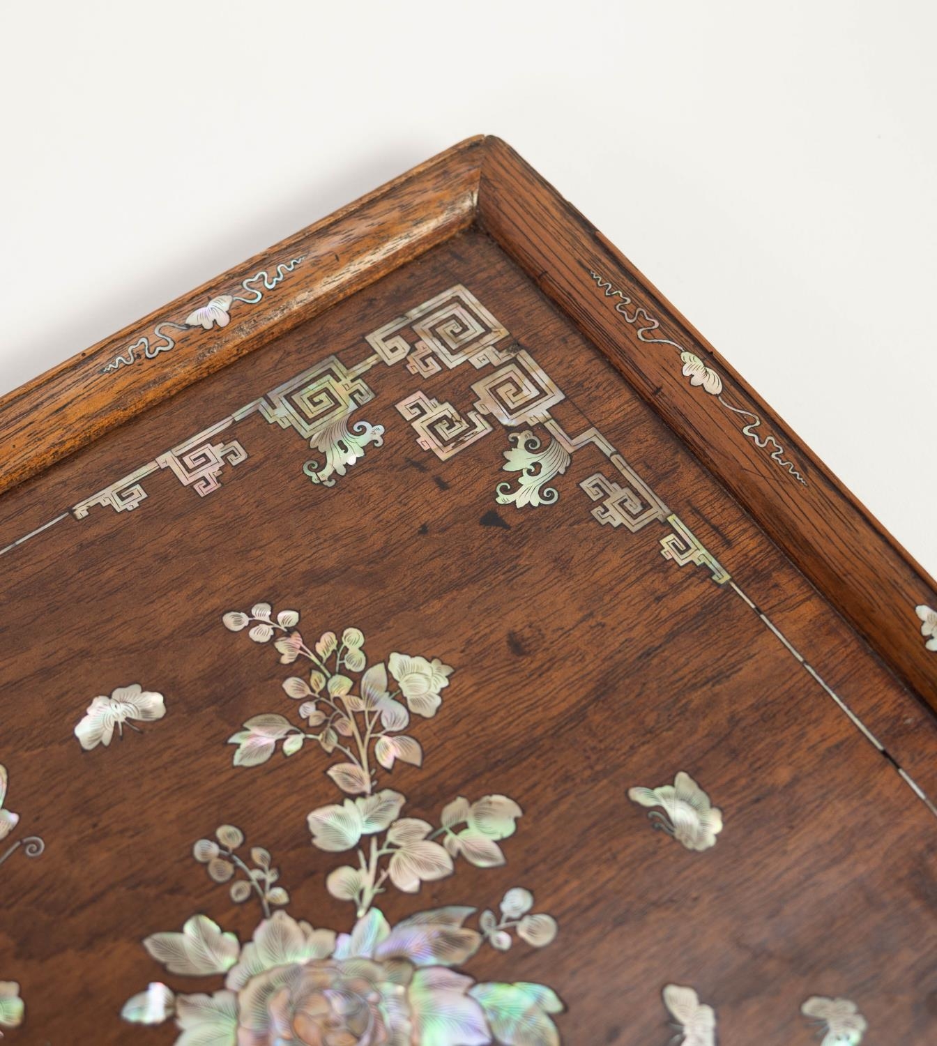 LATE NINETEENTH CENTURY CHINESE MOTHER OF PEARL INLAID HARDWOOD TRAY, of moulded rectangular form, - Image 5 of 12