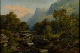 MONOGRAMMIST J.B. (19th Century) OIL PAINTING ON CANVAS An upland river landscape with a fisherman