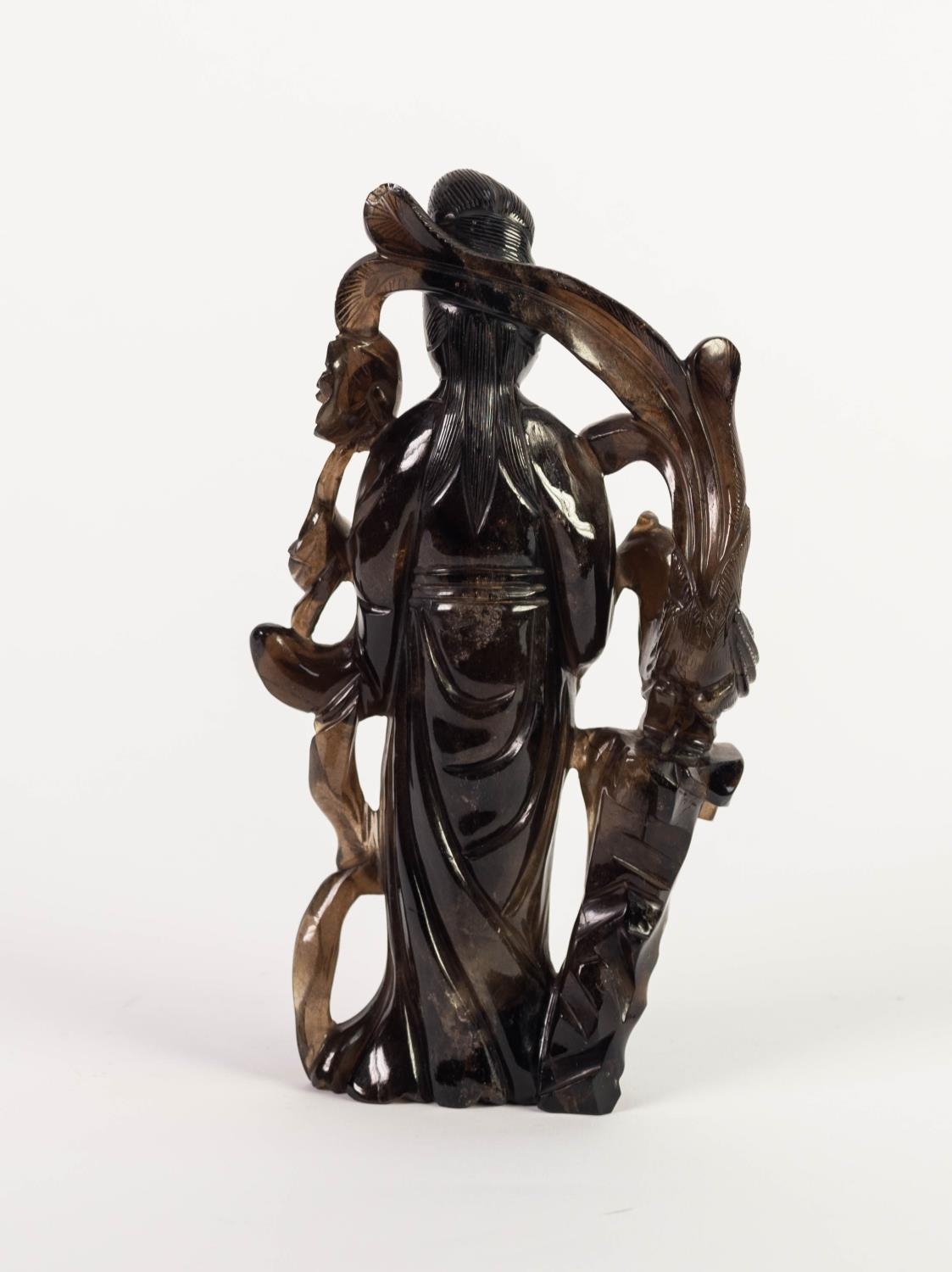 CHINESE CARVED BLACK HARDSTONE FIGURE OF A FEMALE FIGURE, modelled standing, holding a flower, - Image 2 of 2