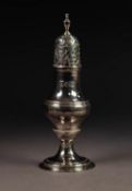 GEORGE III SILVER PEDESTAL PEPPERETTE, with lattice engraved decoration to the pull-of cover and