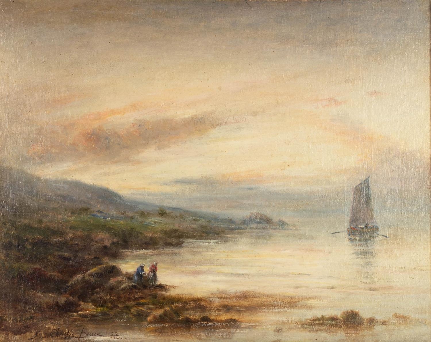 JAMES CHRISTIE BRUCE (late 19th/early 20th Century) OIL PAINTING ON BOARD Scottish loch with figures