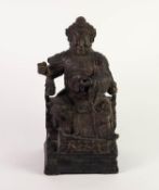 CHINESE CARVED AND BLACK STAINED SOFTWOOD FIGURE OF A SEATED EMPEROR, heightened in gilt and