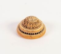 LATE NINETEENTH/ EARLY TWENTIETH CENTURY CARVED AND PIERCED IVORY CIRCULAR WEIGHT/HOLDER? Well