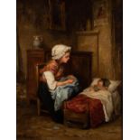 PAULINE-ELISE-LEONIDE BOURGES (1838 - 1909) OIL PAINTING ON CANVAS Watching Baby Signed lower