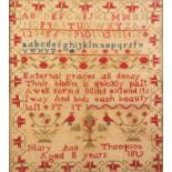 A LATE GEORGE III NEEDLEWORK SAMPLER, worked  with alphabet letters, numerals and a five line verse,