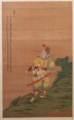 PAIR OF EARLY TWENTIETH CENTURY CHINESE GOUACHE DRAWINGS ON SILK OF WARRIORS, painted in colours and
