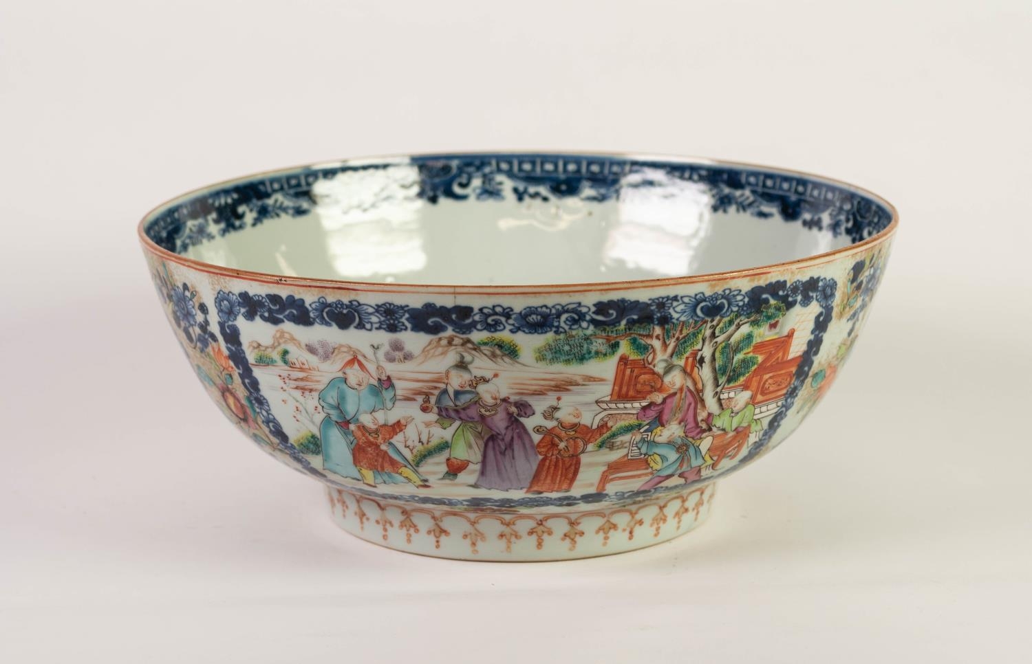 PROBABLY LATE QIANLONG CHINESE EXPORT FAMILLE ROSE PORCELAIN PUNCH BOWL, of typical form, painted in - Image 2 of 6