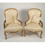 MODERN PAIR OF LOUIS XV STYLE CARVED GILTWOOD BERGERES OR EASY ARMCHAIRS, each with moulded, show-