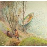 M. GAFFIE (20th Century) HEAVY IMPASTO OIL PAINTING ON CANVAS Two fishermen at rest on the banks