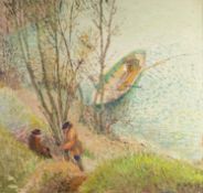 M. GAFFIE (20th Century) HEAVY IMPASTO OIL PAINTING ON CANVAS Two fishermen at rest on the banks