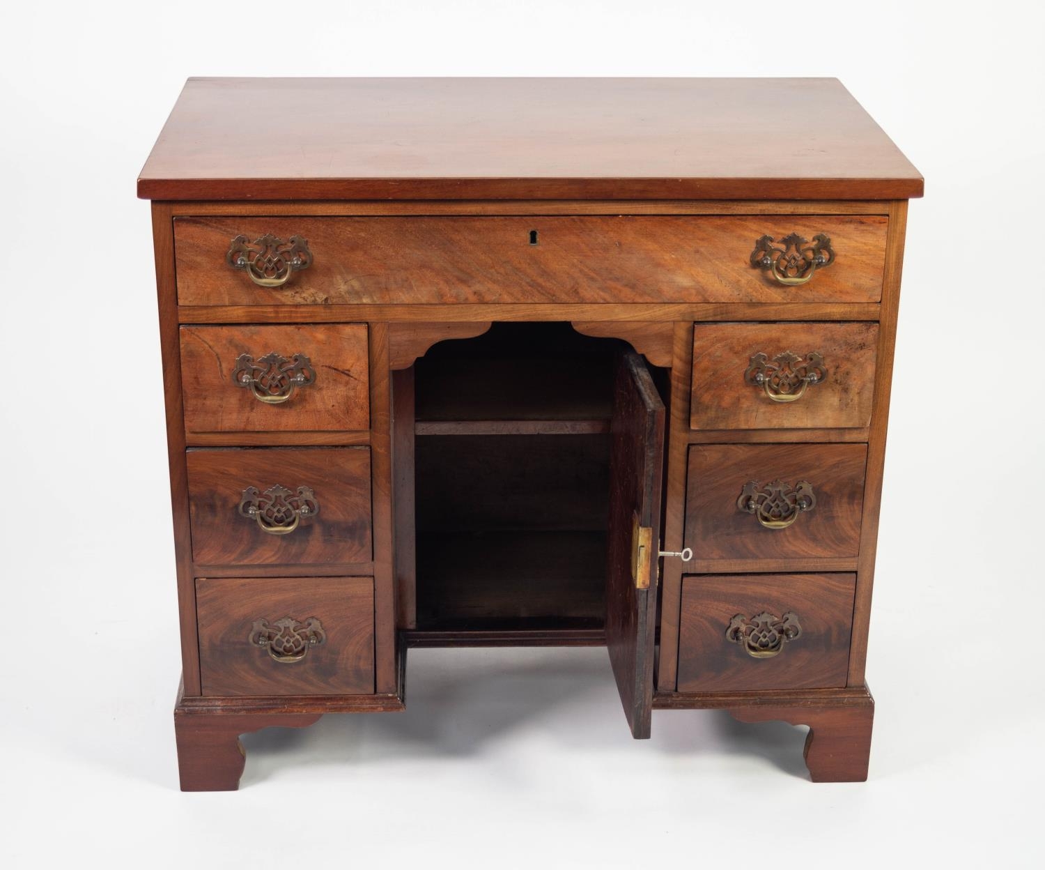 NINETEENTH CENTURY FIGURED COMPOSITE MAHOGANY KNEEHOLE DESK, the oblong top above a frieze drawer - Image 2 of 2