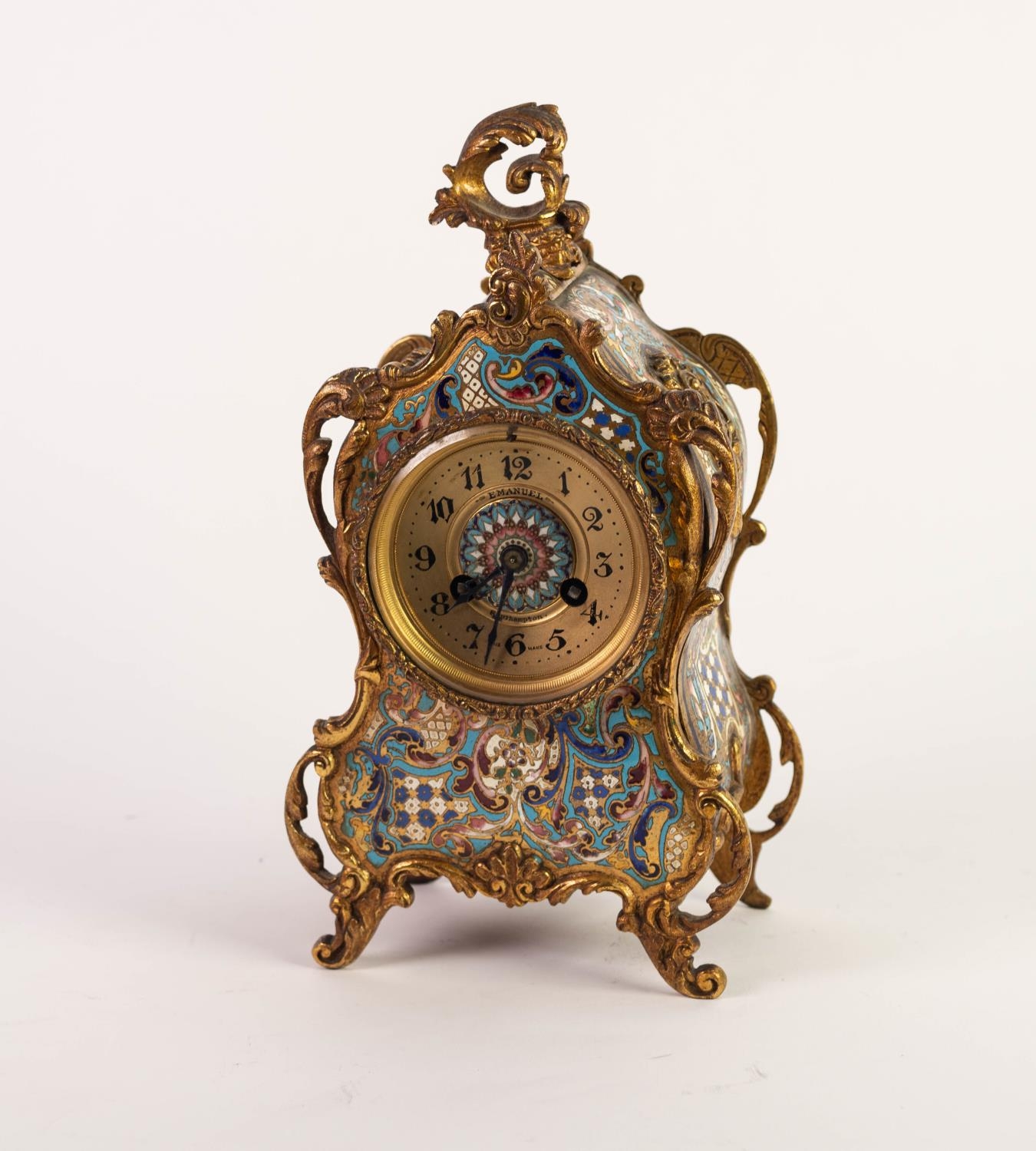 CIRCA 1900 FRENCH GILT METAL AND CHAMPLEVE ENAMEL ROCOCO REVIVAL CASED MANTEL CLOCK, the movement by - Image 2 of 8