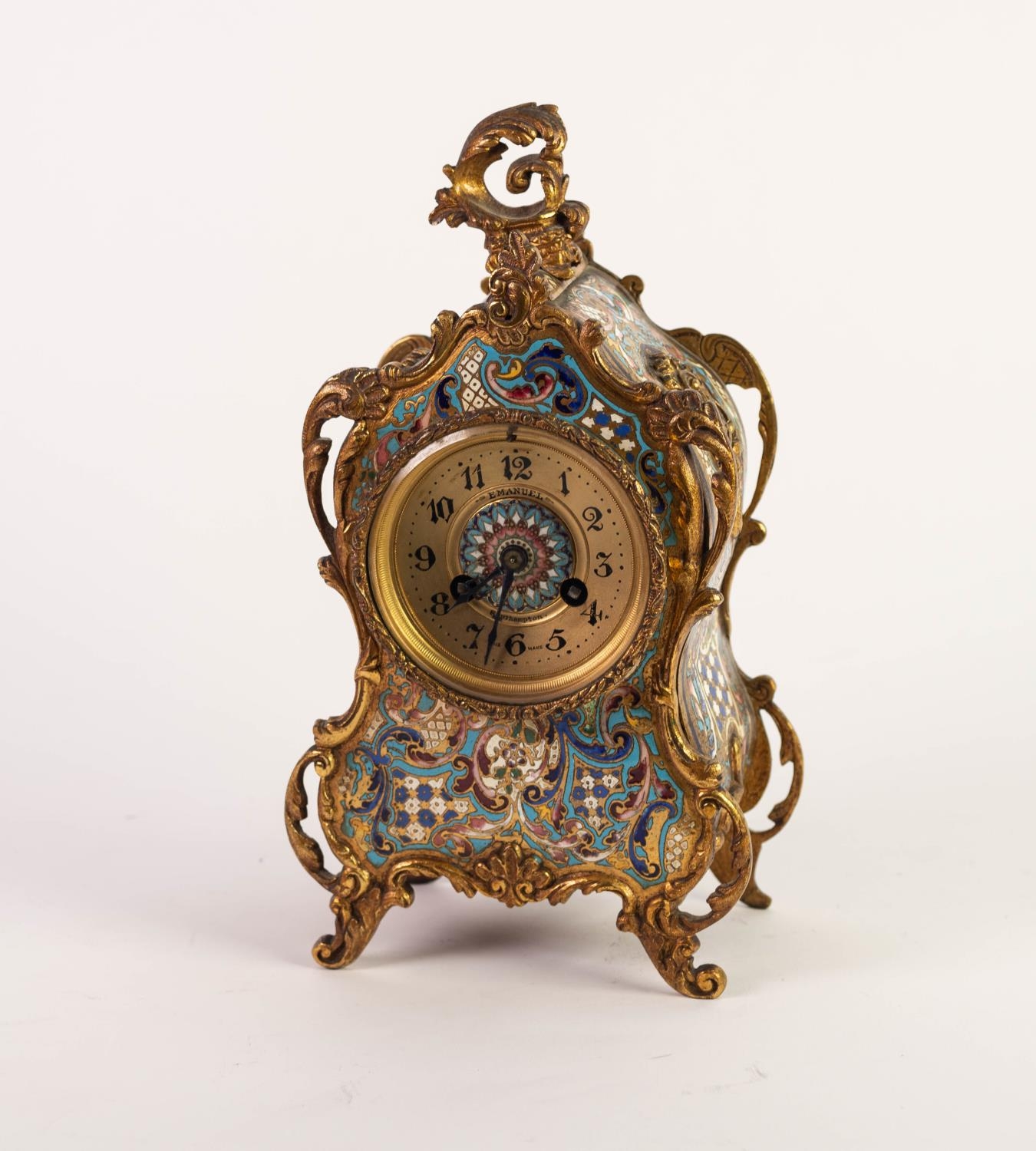 CIRCA 1900 FRENCH GILT METAL AND CHAMPLEVE ENAMEL ROCOCO REVIVAL CASED MANTEL CLOCK, the movement by