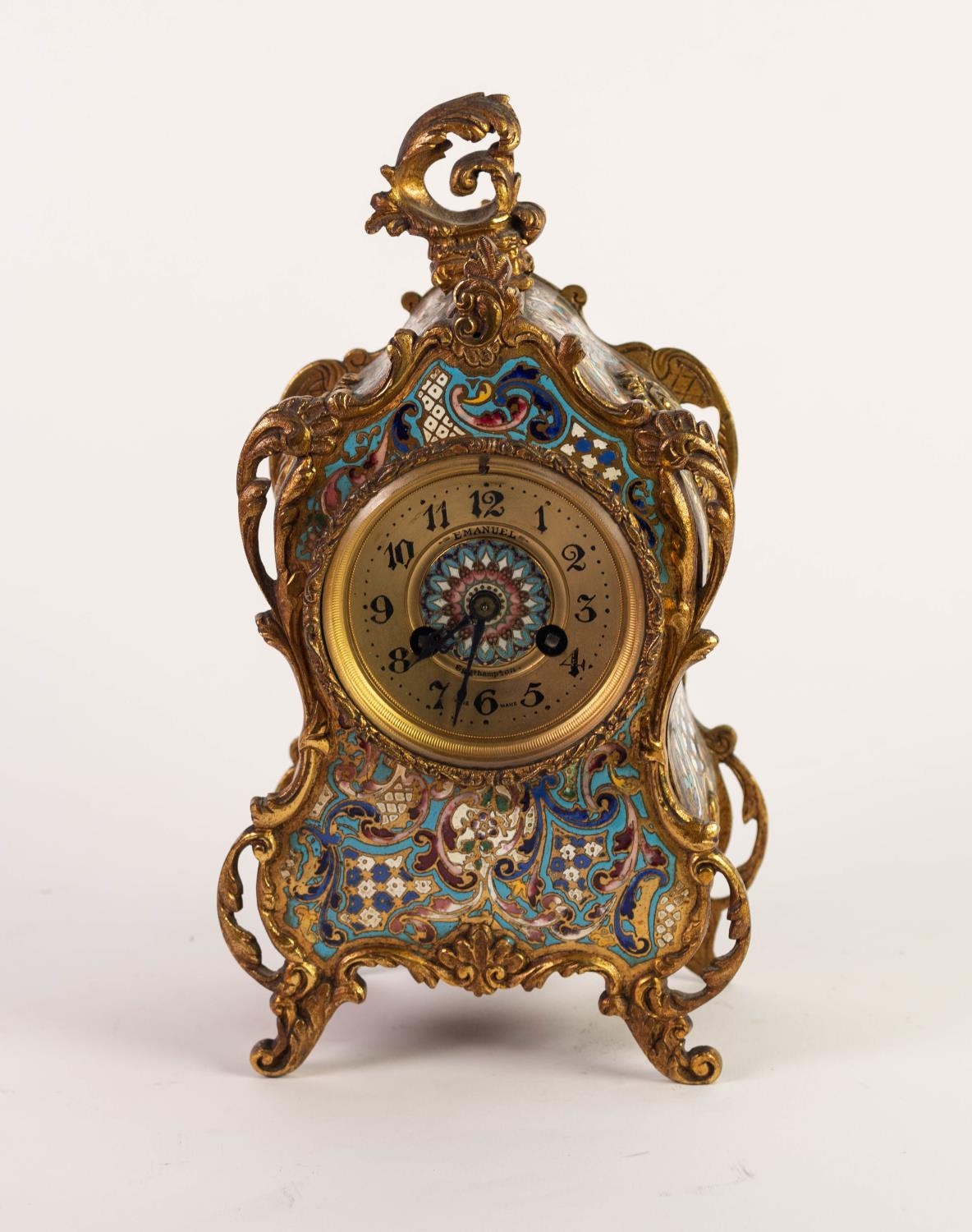 CIRCA 1900 FRENCH GILT METAL AND CHAMPLEVE ENAMEL ROCOCO REVIVAL CASED MANTEL CLOCK, the movement by - Image 4 of 8