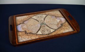 20th CENTURY WOODEN TWO HANDLED TEA TRAY, the centre with exotic tropical butterfly wing design