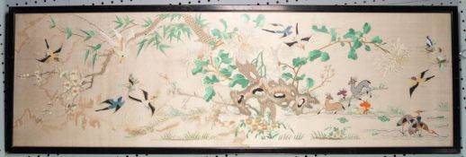 MODERN CHINESE NEEDLEWORK SILK PANEL, worked in colours and depicting birds and winged insects in