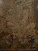 ANTIQUE WOOL WORK TAPESTRY, depicting a flower seller, 29? x 21 ¾? (73.7cm x 55.2cm), faded,
