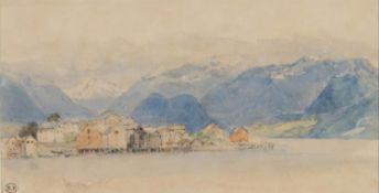 MYLES BIRKET FOSTER R.W.S. (1825 - 1899) PENCIL AND WATERCOLOUR An alpine lake A leaf from a