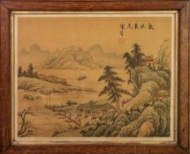 EARLY TWENTIETH CENTURY CHINESE GOUACHE DRAWING ON SILK, painted in colours and depicting sages in a
