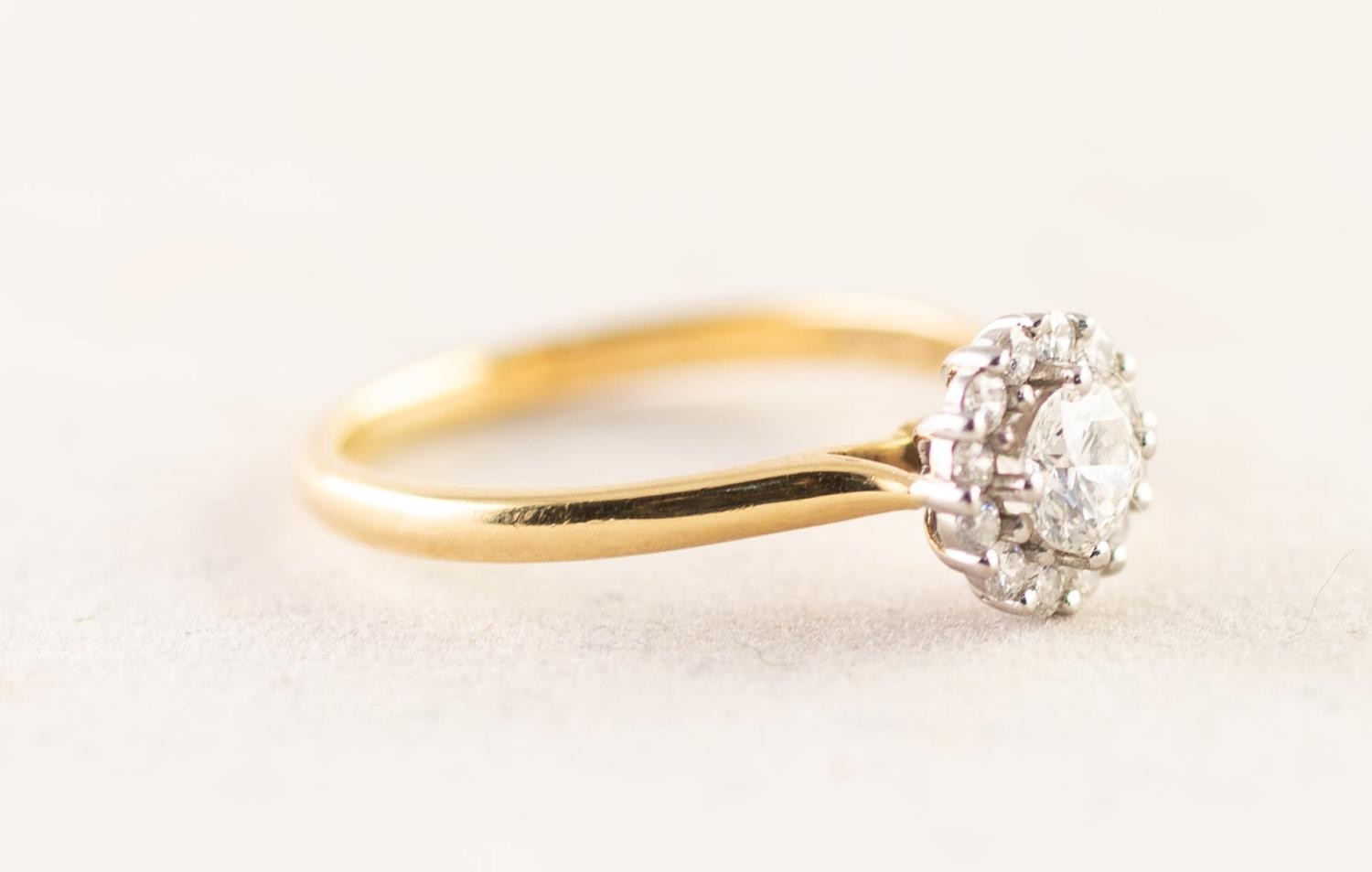 18ct GOLD AND DIAMOND CIRCULAR CLUSTER RING set with a centre round brilliant cut diamond, - Image 2 of 3