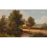 R. JENSEN (LATE NINETEENTH/ EARLY TWENTIETH CENTURY) OIL ON BOARD Maid on country path beside a