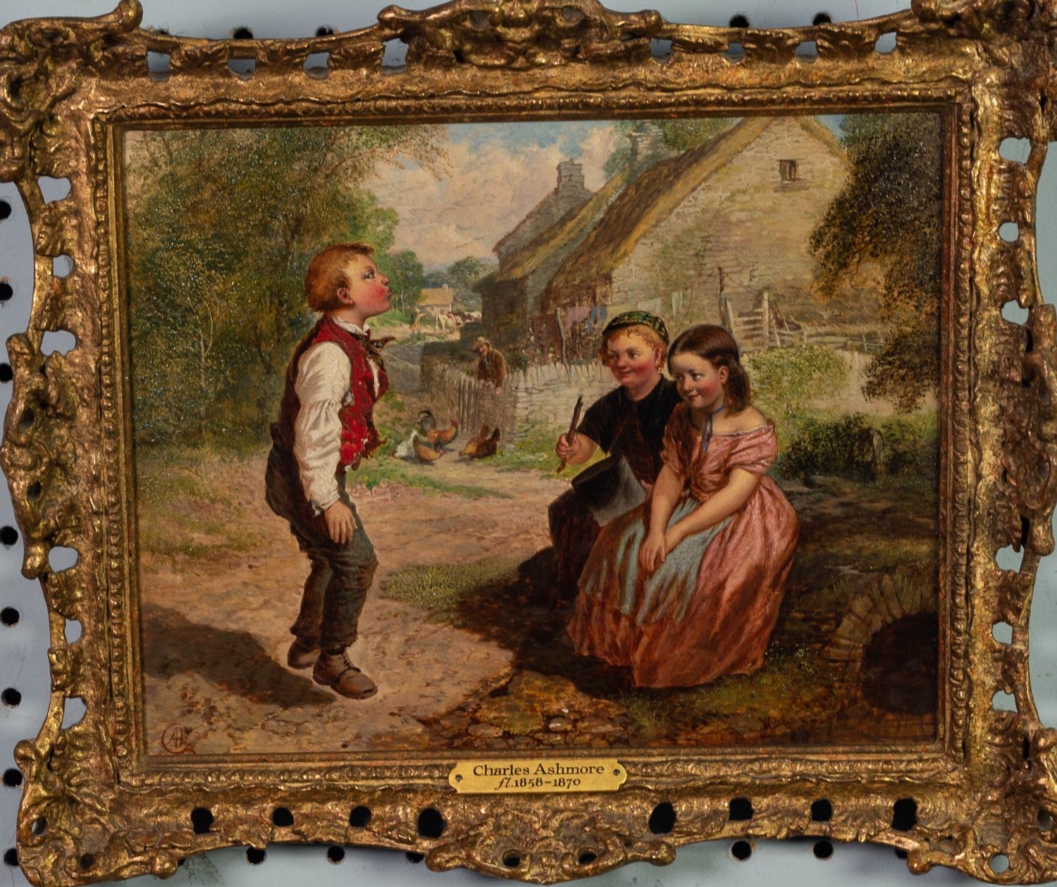 CHARLES ASHMORE (1851-1925) PAIR OF OIL PAINTINGS Children playing Farmyard scene with children - Image 4 of 4