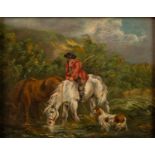 CIRCLE OF GEORGE MORLAND (1763-1804)  OIL ON PANEL  A figure on horseback with another horse and dog