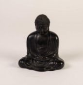 JAPANESE MEIJI PERIOD CAST AND DARK PATINATED COPPER ALLOY FIGURE OF SEATED BUDDHA, flattened to the