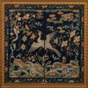 TWO CHINESE NEEDLE AND WIRE WORK PANELS, worked in colours and gilt, each depicting an exotic bird
